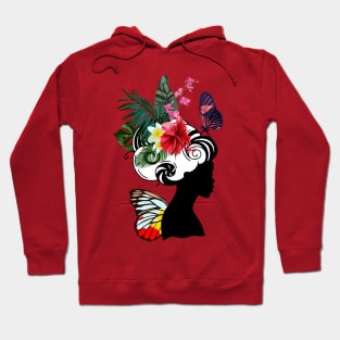 Black Woman with Tropical Flowers and Butterflies Hoodie